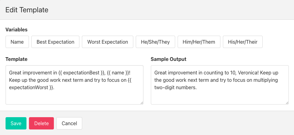 Create templates and draft report card comments