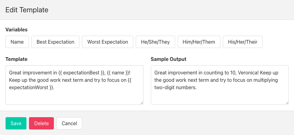 A report card comment template